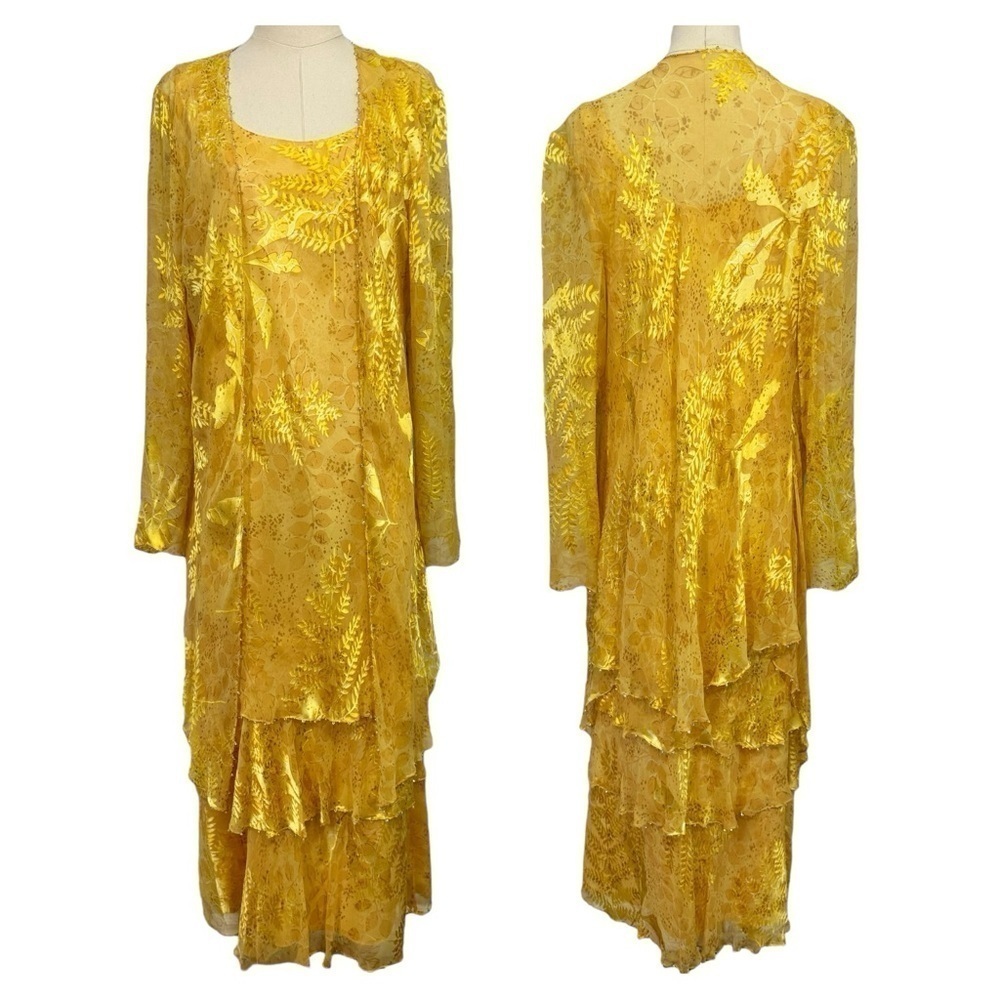 Cameron Blake 100% Silk Dress + Cover Sz 12 Yellow Floral Fancy Formal Wedding